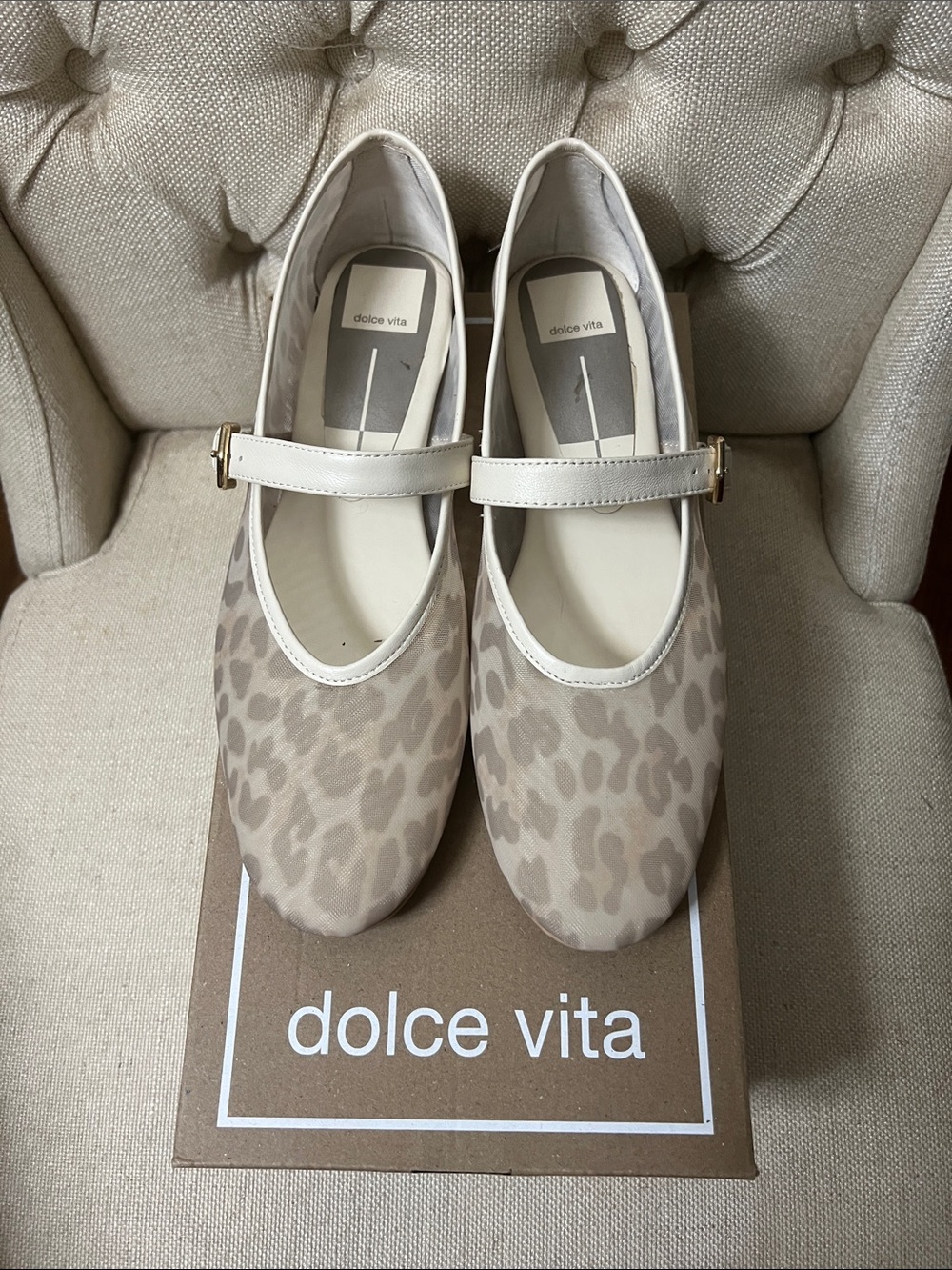 Dolce Vita Beige Leopard Mary Jane Flats with White Strap